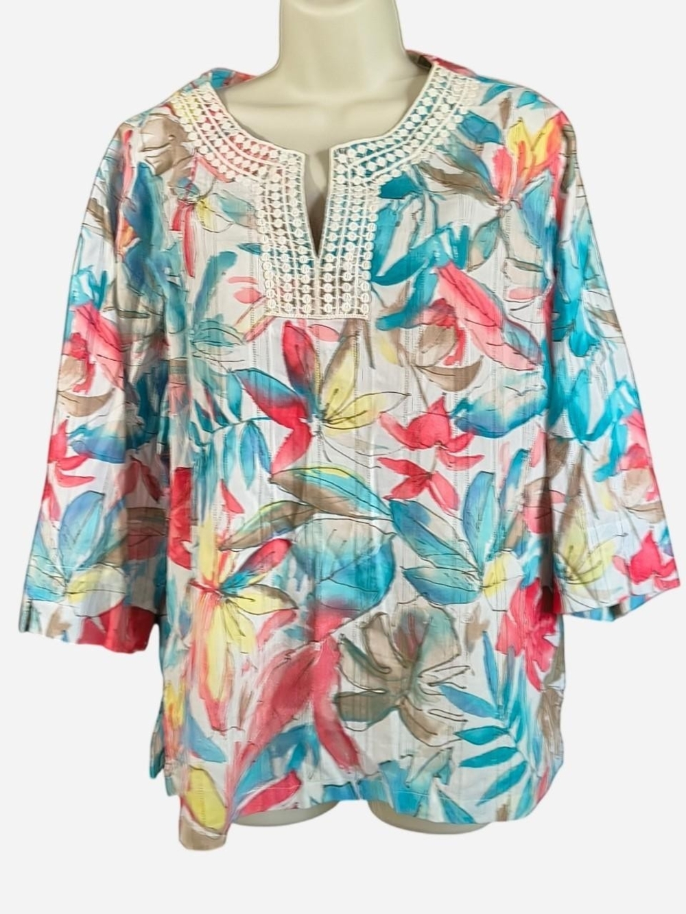 Alfred Dunner Multicolor Floral Crochet-Trim Tunic